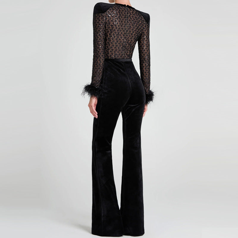 Damen Overall mit Gürtel, Schlaghose und langen Ärmeln