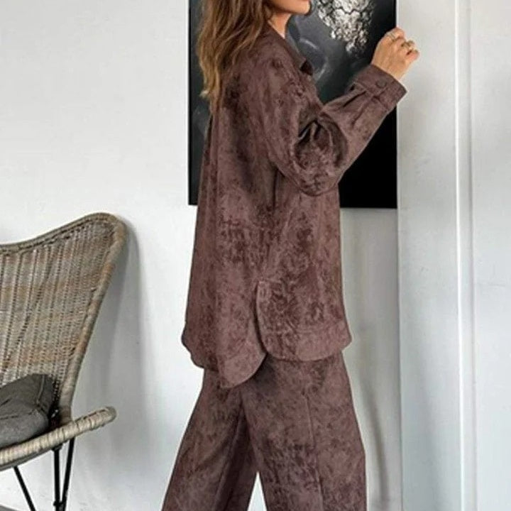 Botón de tinte para mujeres blusa y pantalones de 2 partes establecidas para ocio