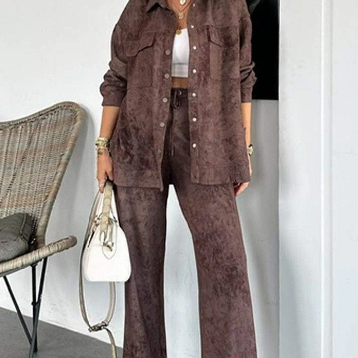 Botón de tinte para mujeres blusa y pantalones de 2 partes establecidas para ocio