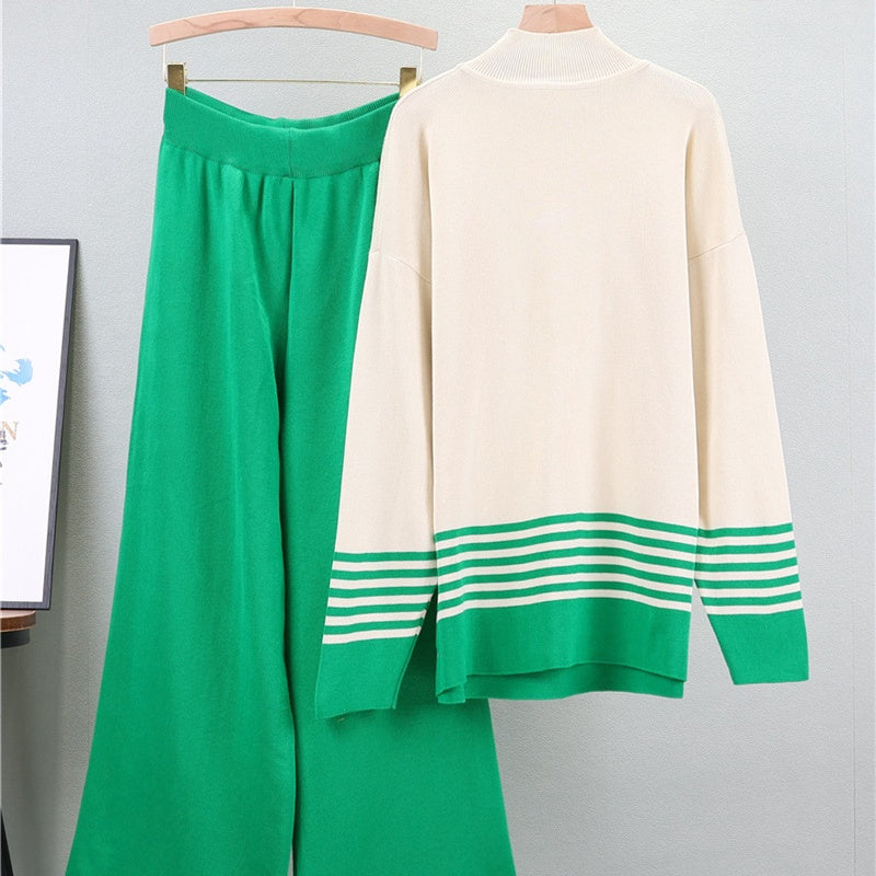 🌟Conjunto de jersey de rayas suaves y pantalón ancho💕
