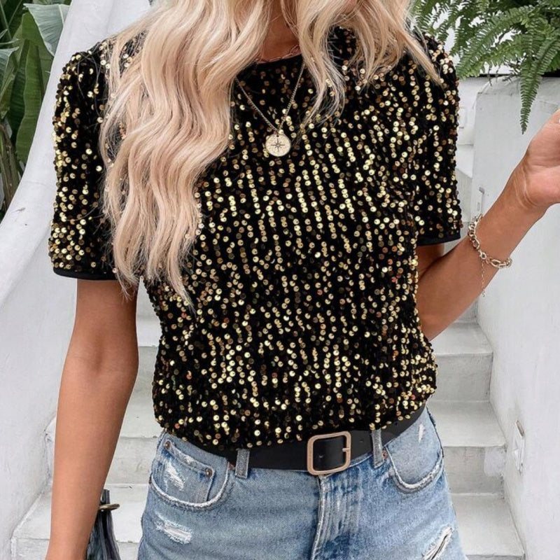 Camiseta suelta elegante de las mujeres con un escote circular y lentejuelas