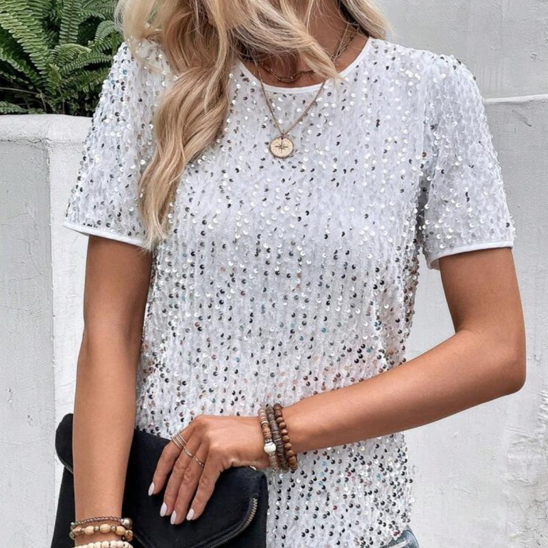 Camiseta suelta elegante de las mujeres con un escote circular y lentejuelas