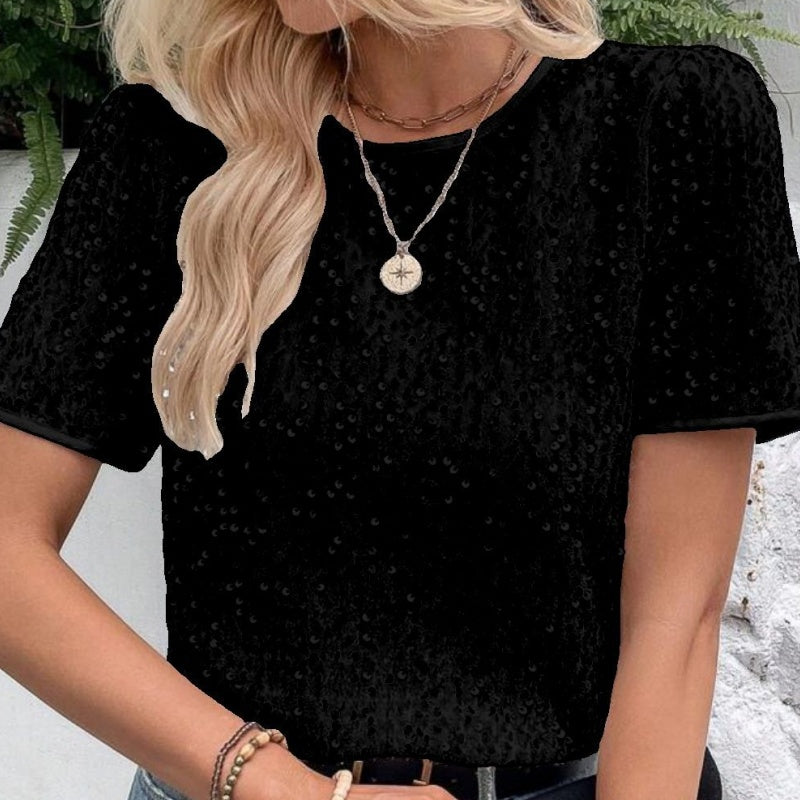 Camiseta suelta elegante de las mujeres con un escote circular y lentejuelas