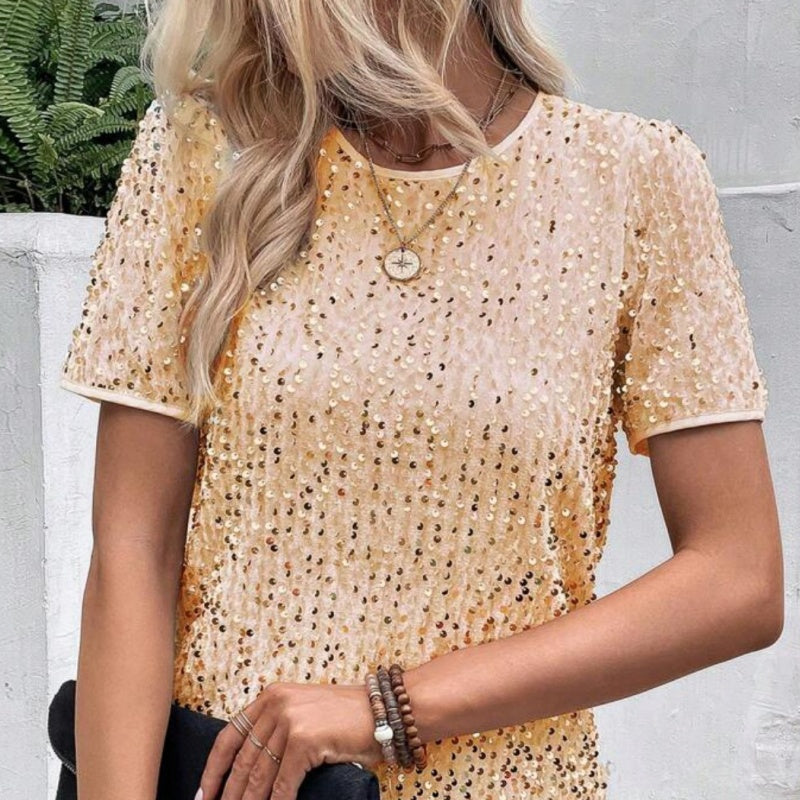 Camiseta suelta elegante de las mujeres con un escote circular y lentejuelas