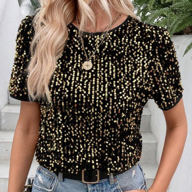 Camiseta suelta elegante de las mujeres con un escote circular y lentejuelas