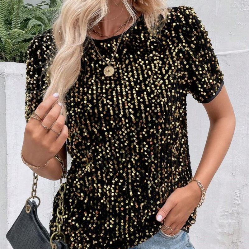 Camiseta suelta elegante de las mujeres con un escote circular y lentejuelas