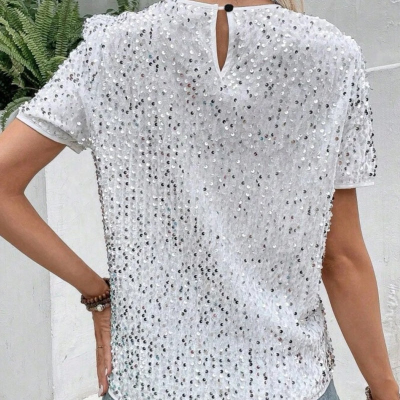 Camiseta suelta elegante de las mujeres con un escote circular y lentejuelas