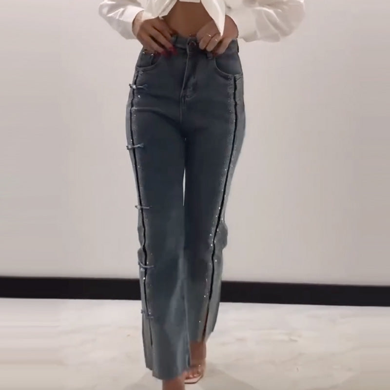 👖¡Hasta 55% de descuento!✨Vaqueros de mujer con brillantes pedrería y elegante abertura.✨