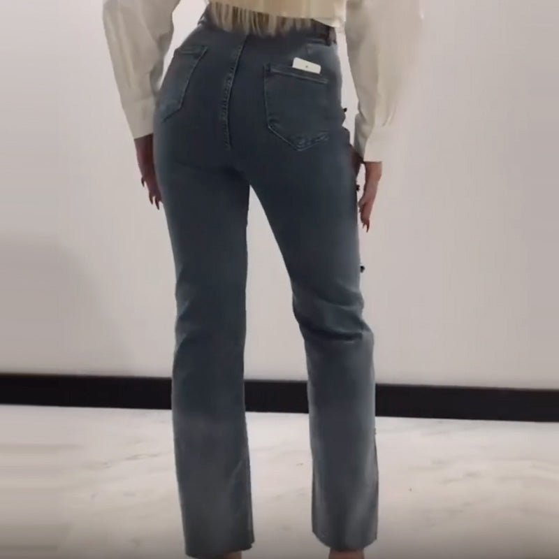 👖¡Hasta 55% de descuento!✨Vaqueros de mujer con brillantes pedrería y elegante abertura.✨