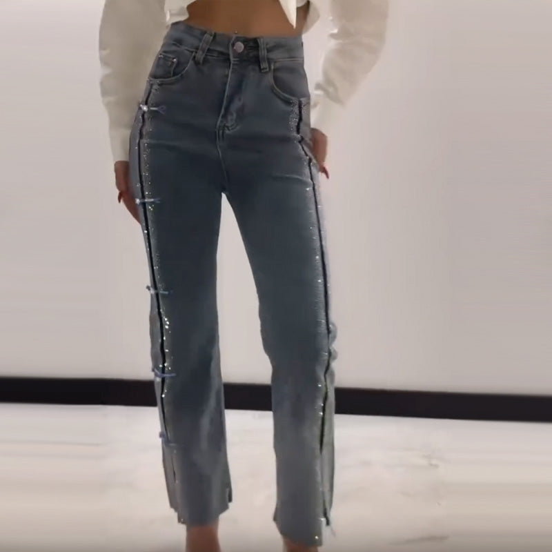 👖¡Hasta 55% de descuento!✨Vaqueros de mujer con brillantes pedrería y elegante abertura.✨