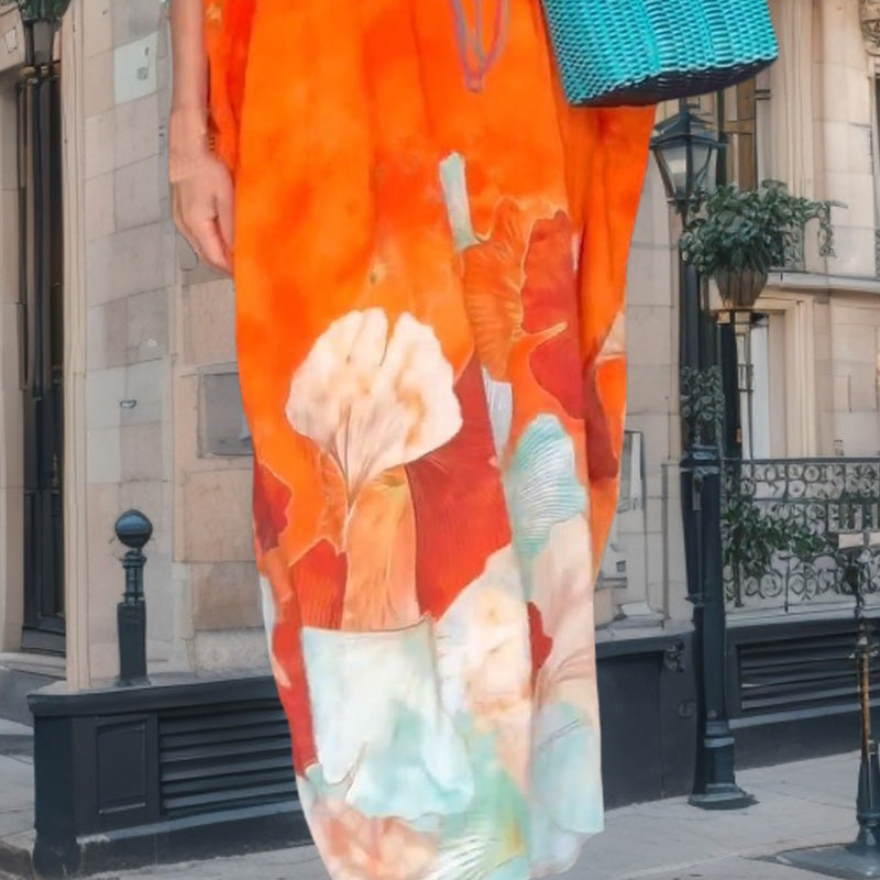 Vestido largo suelto con patrón de flores y medias mangas