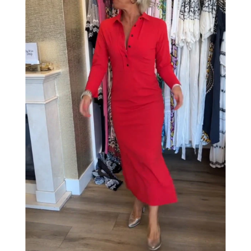 💥44% DE DESCUENTO!! 🌹Vestido rojo sexy de manga larga con solapa para mujer
