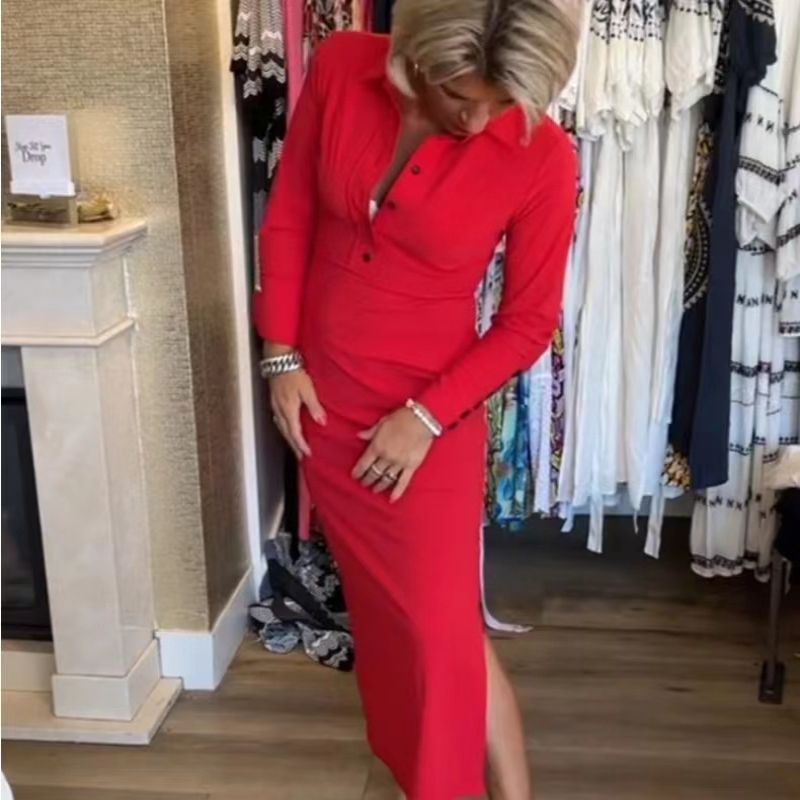💥44% DE DESCUENTO!! 🌹Vestido rojo sexy de manga larga con solapa para mujer