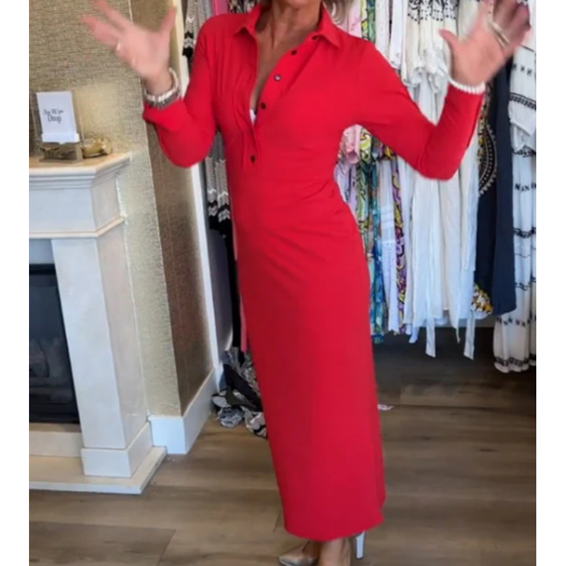 💥44% DE DESCUENTO!! 🌹Vestido rojo sexy de manga larga con solapa para mujer