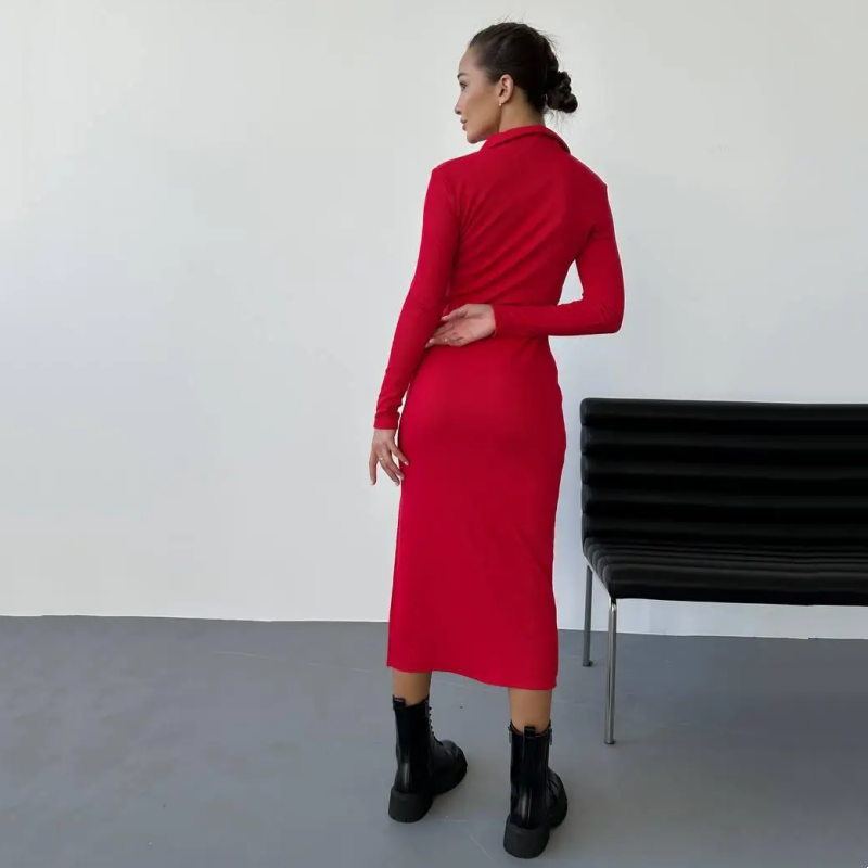 💥44% DE DESCUENTO!! 🌹Vestido rojo sexy de manga larga con solapa para mujer