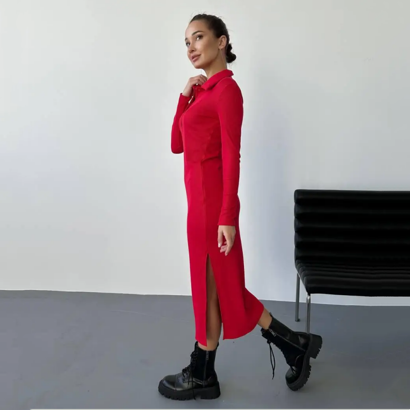 💥44% DE DESCUENTO!! 🌹Vestido rojo sexy de manga larga con solapa para mujer
