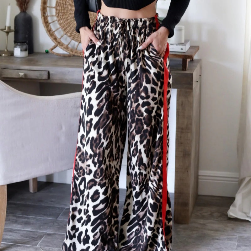 Pantalones anchos en mosaicos con patrón de leopardo para mujeres