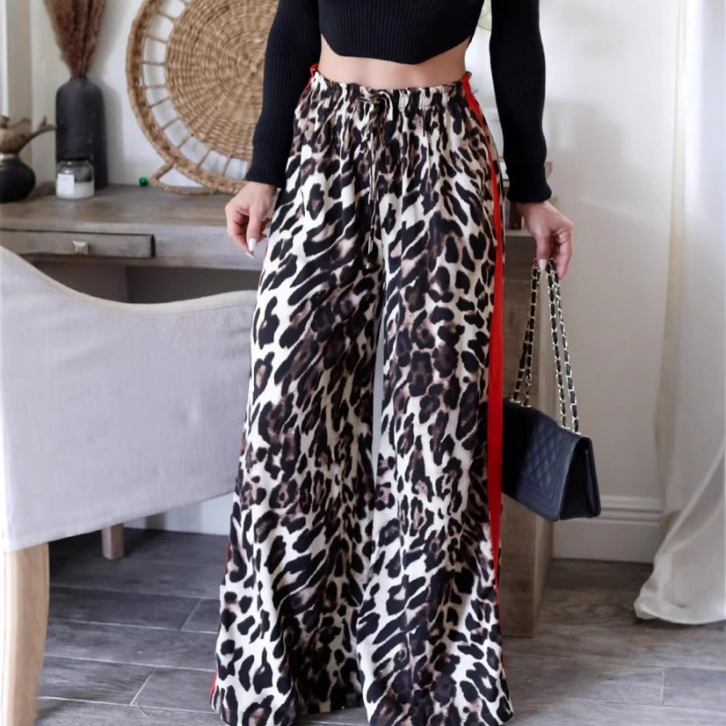 Pantalones anchos en mosaicos con patrón de leopardo para mujeres