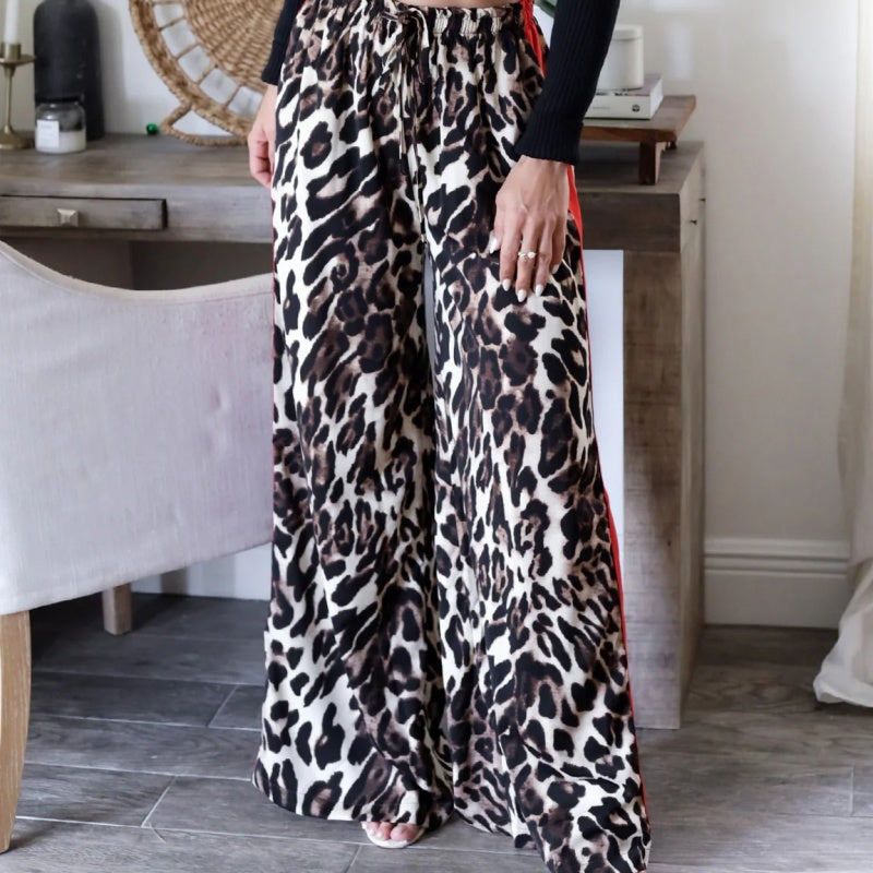 Pantalones anchos en mosaicos con patrón de leopardo para mujeres
