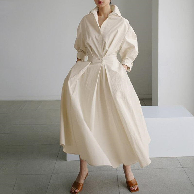 Vestido de camisa de un solo color con solapa hecha de algodón para mujeres