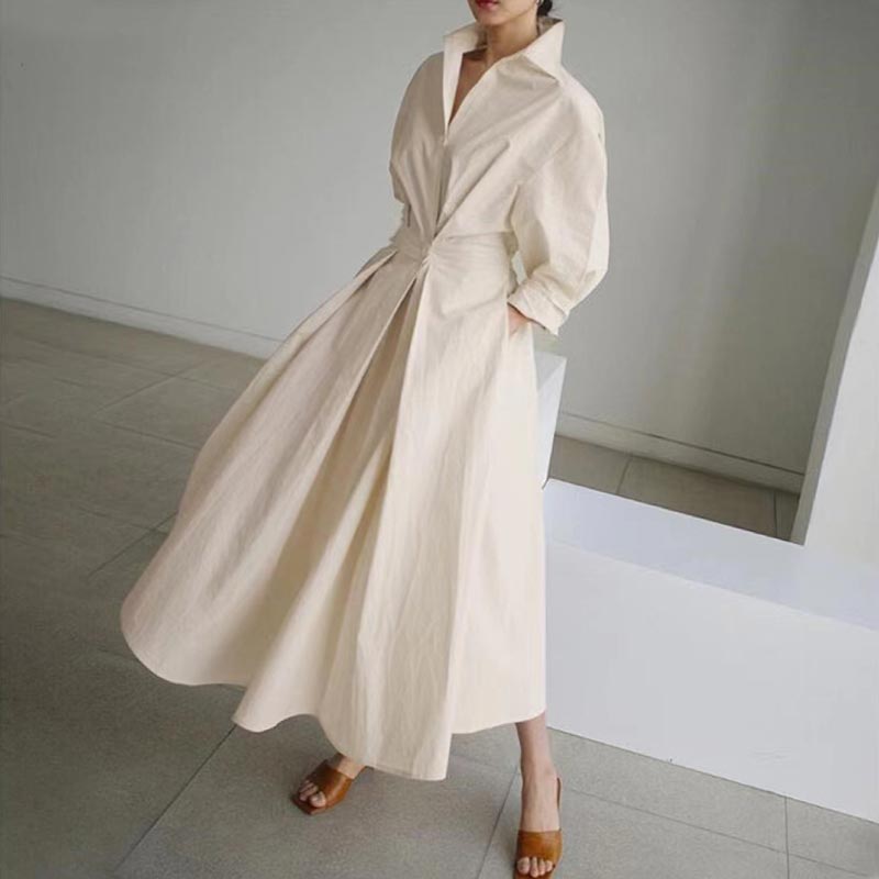 Vestido de camisa de un solo color con solapa hecha de algodón para mujeres