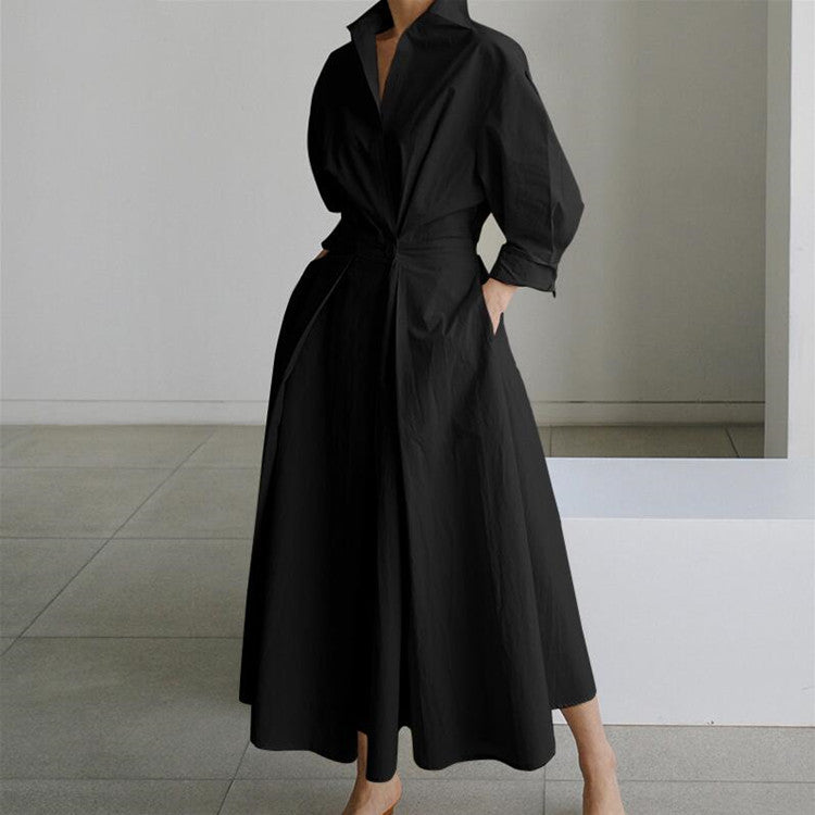 Vestido de camisa de un solo color con solapa hecha de algodón para mujeres