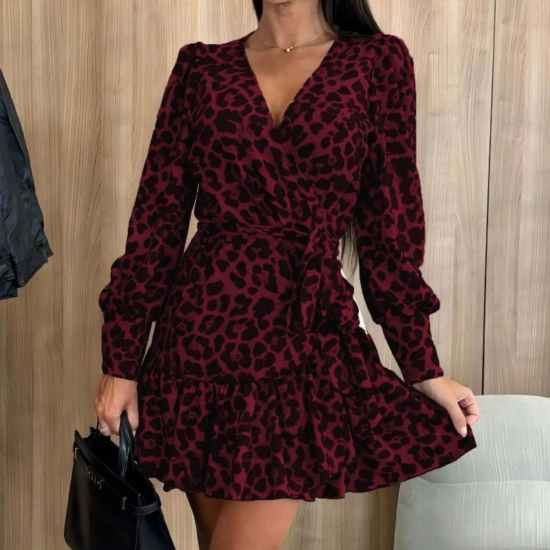 💕¿Qué me pongo mañana?💕Vestido cruzado con cuello en V y lazo en la cintura con estampado de leopardo