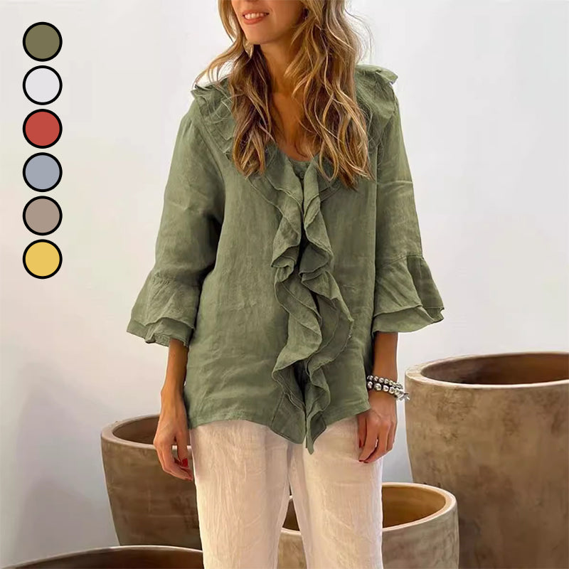 💞Venta caliente 49% de descuento🔥Blusa de mujer con cuello con volantes y mangas acampanadas