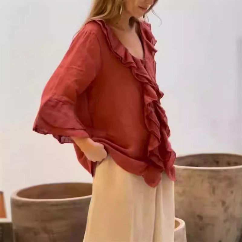 💞Venta caliente 49% de descuento🔥Blusa de mujer con cuello con volantes y mangas acampanadas