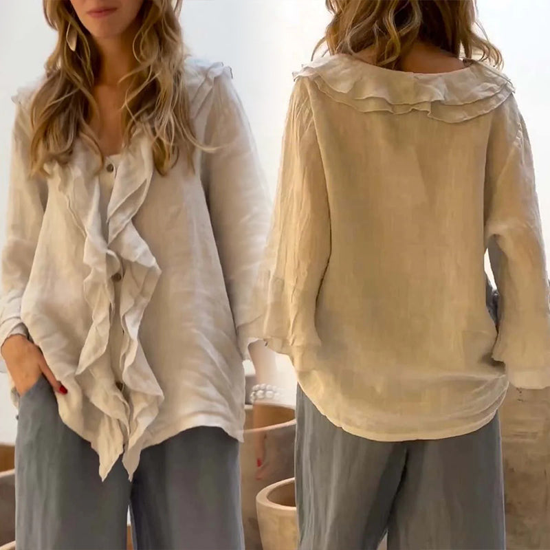 💞Venta caliente 49% de descuento🔥Blusa de mujer con cuello con volantes y mangas acampanadas