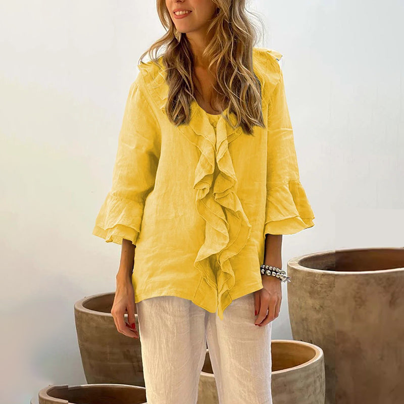 💞Venta caliente 49% de descuento🔥Blusa de mujer con cuello con volantes y mangas acampanadas