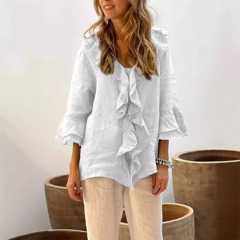 💞Venta caliente 49% de descuento🔥Blusa de mujer con cuello con volantes y mangas acampanadas