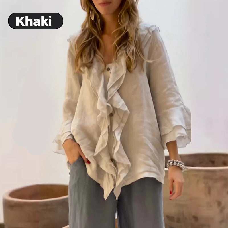 💞Venta caliente 49% de descuento🔥Blusa de mujer con cuello con volantes y mangas acampanadas