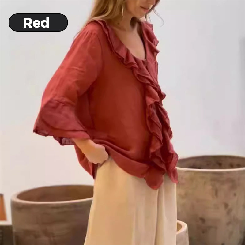 💞Venta caliente 49% de descuento🔥Blusa de mujer con cuello con volantes y mangas acampanadas