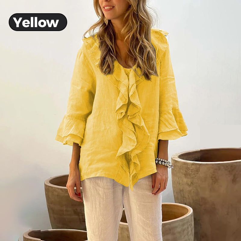 💞Venta caliente 49% de descuento🔥Blusa de mujer con cuello con volantes y mangas acampanadas