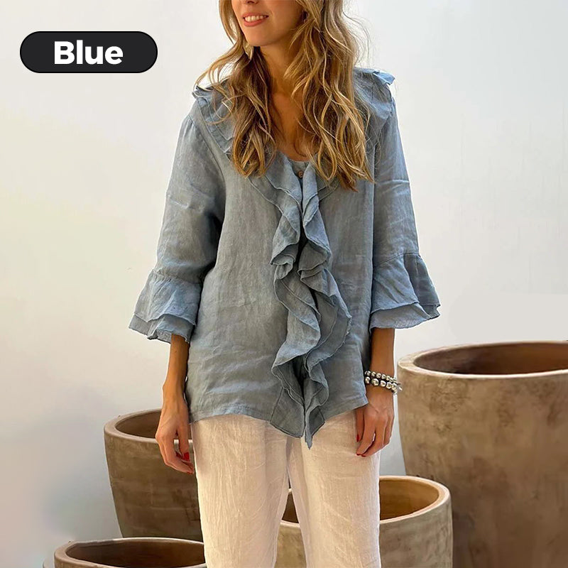 💞Venta caliente 49% de descuento🔥Blusa de mujer con cuello con volantes y mangas acampanadas