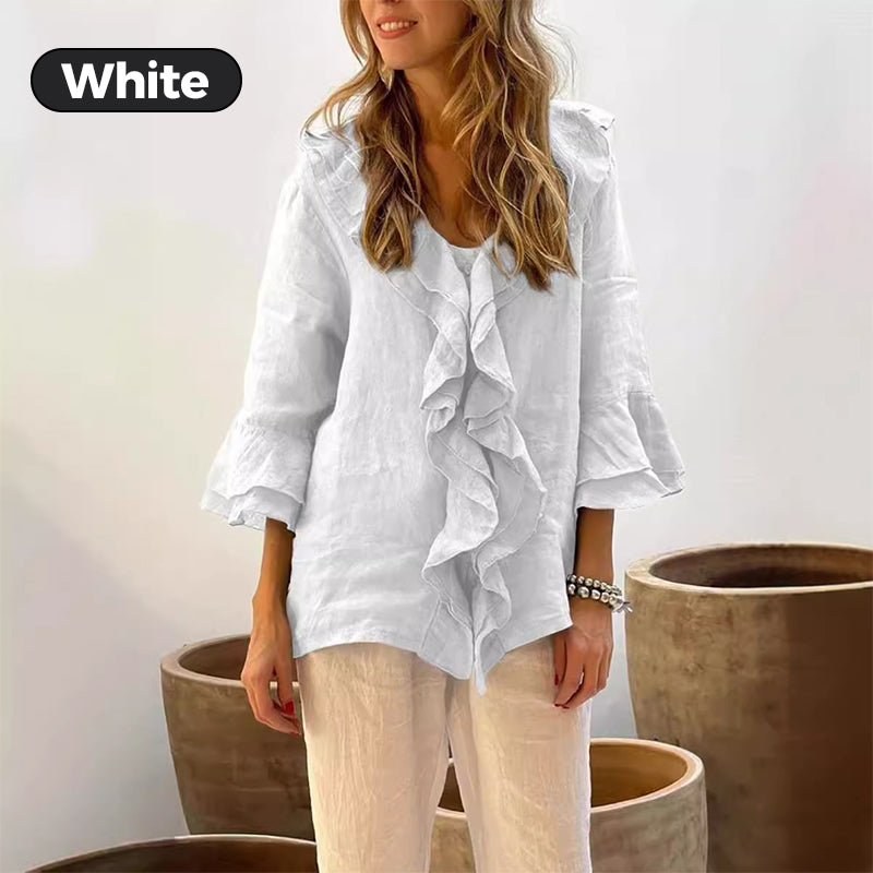 💞Venta caliente 49% de descuento🔥Blusa de mujer con cuello con volantes y mangas acampanadas