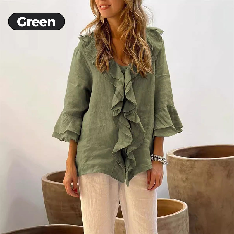 💞Venta caliente 49% de descuento🔥Blusa de mujer con cuello con volantes y mangas acampanadas