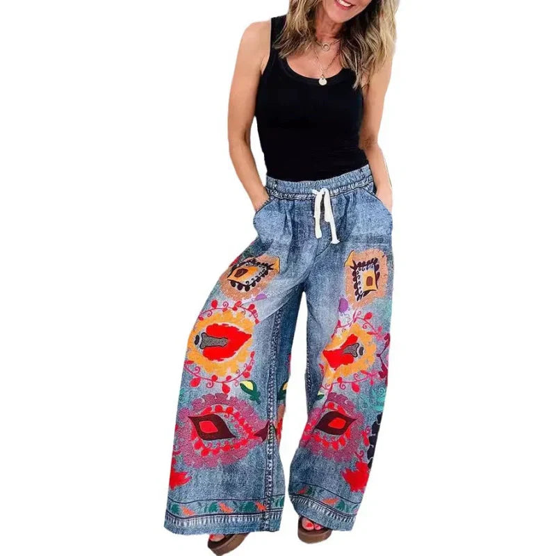 Pantalones de ocio femeninos hechos de mezclilla imitat con un tren de cordón