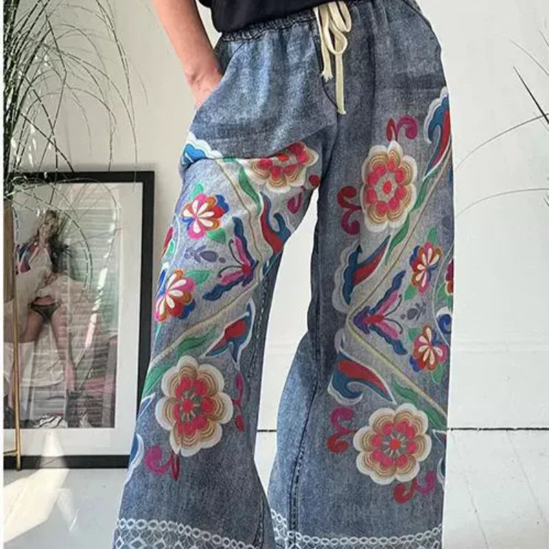 Pantalones de ocio femeninos hechos de mezclilla imitat con un tren de cordón