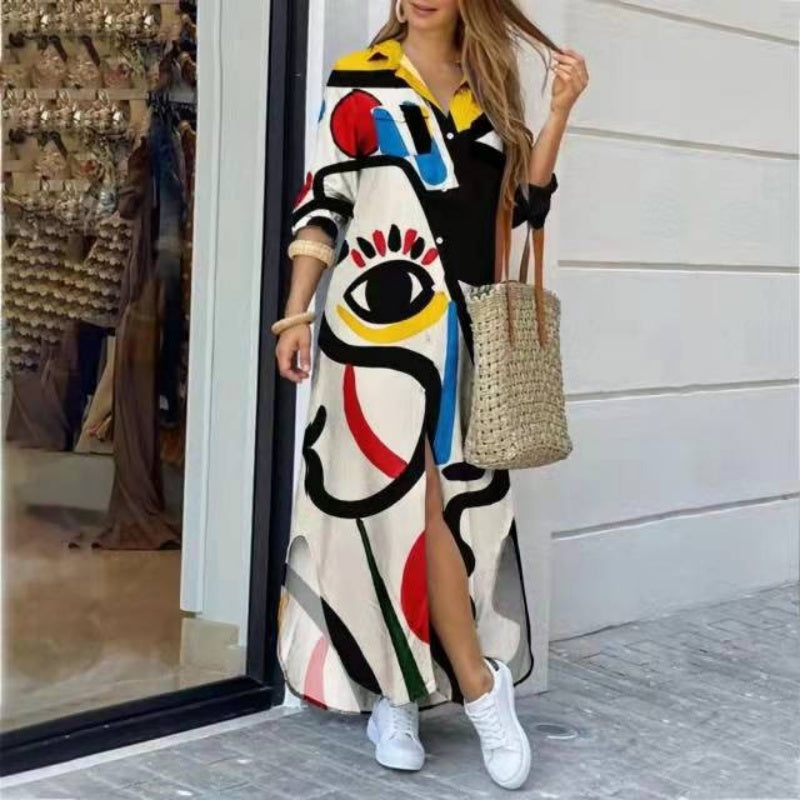 Vestido maxi colorido de mujeres con presión abstracta y hendiduras laterales