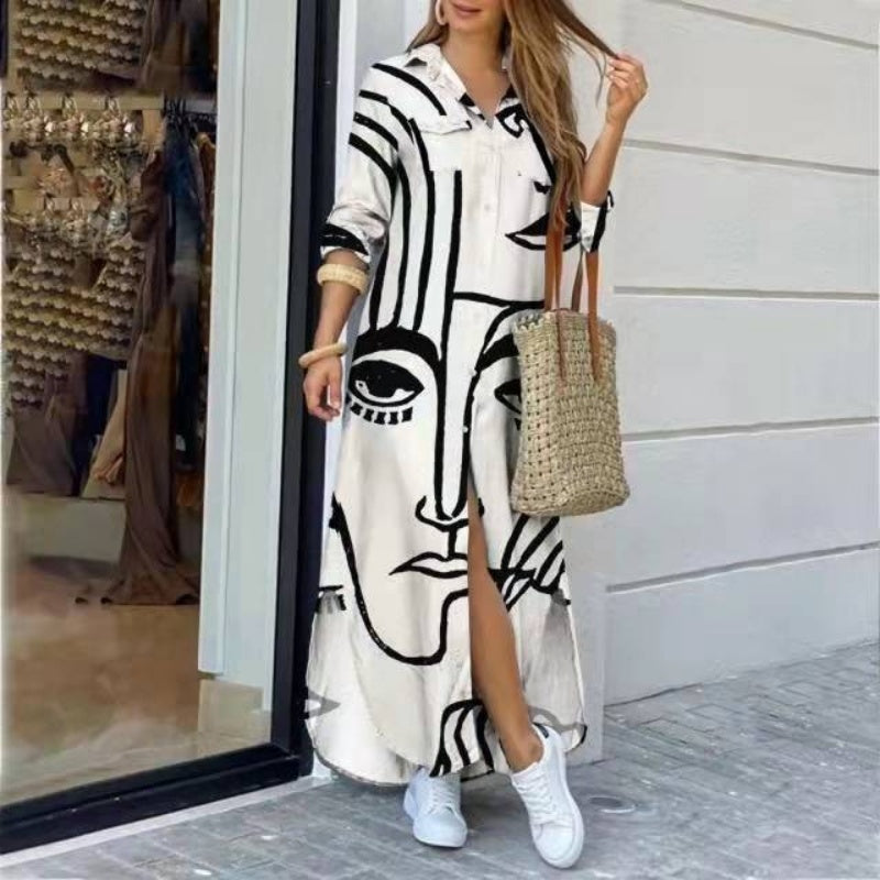 Vestido maxi colorido de mujeres con presión abstracta y hendiduras laterales