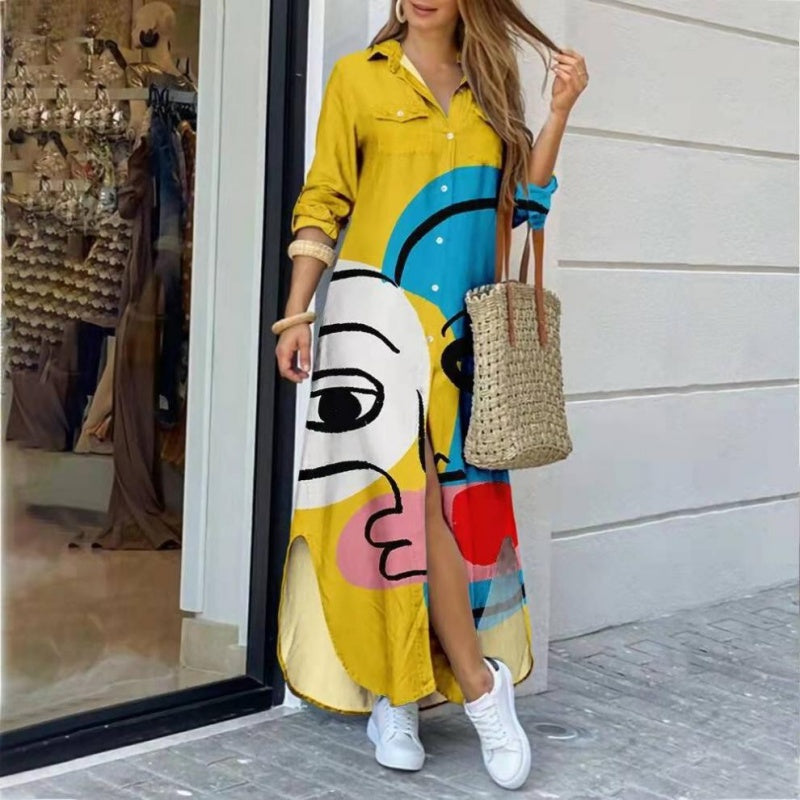 Vestido maxi colorido de mujeres con presión abstracta y hendiduras laterales