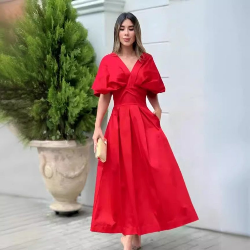 Vestido elegante con cuello en V con una línea A y mangas hinchadas