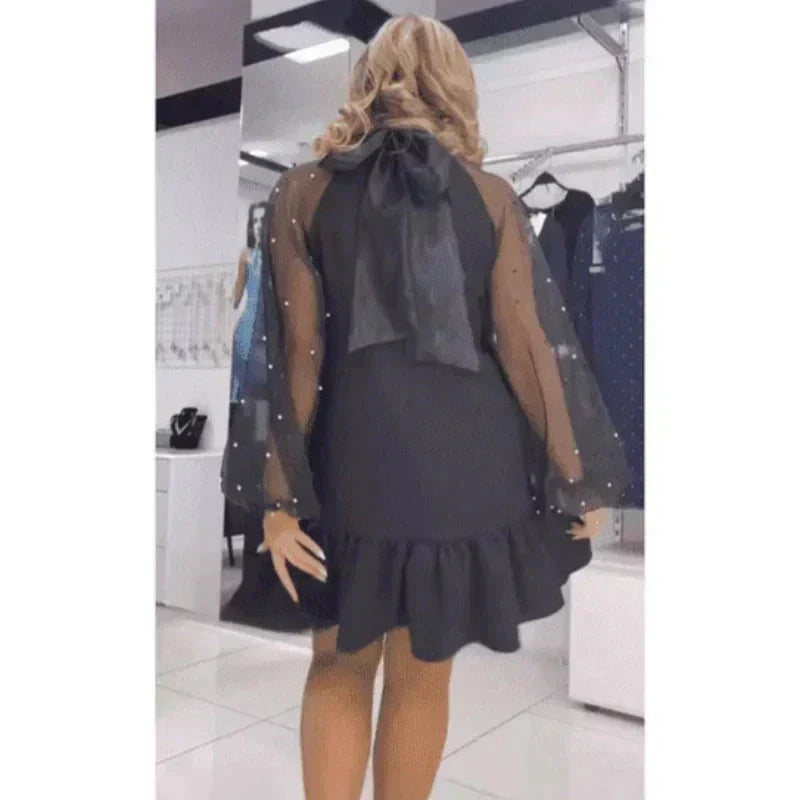 2025 Neues Design👗Kleid mit langen Mesh-Ärmeln und Rüschensaum✨