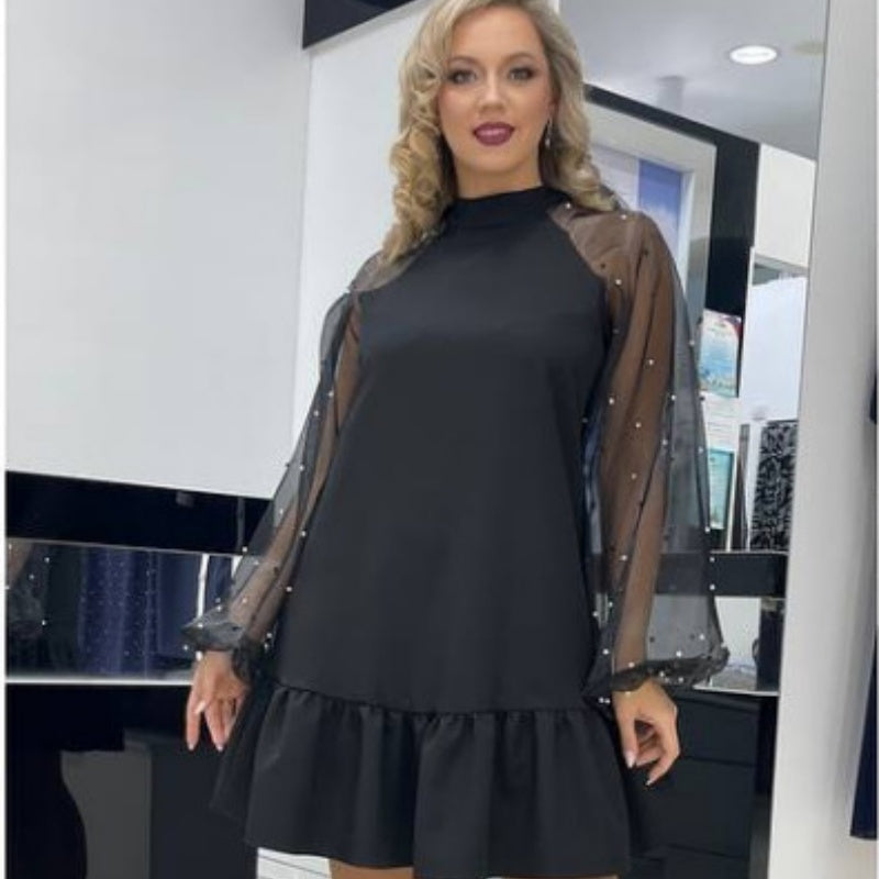 2025 Neues Design👗Kleid mit langen Mesh-Ärmeln und Rüschensaum✨