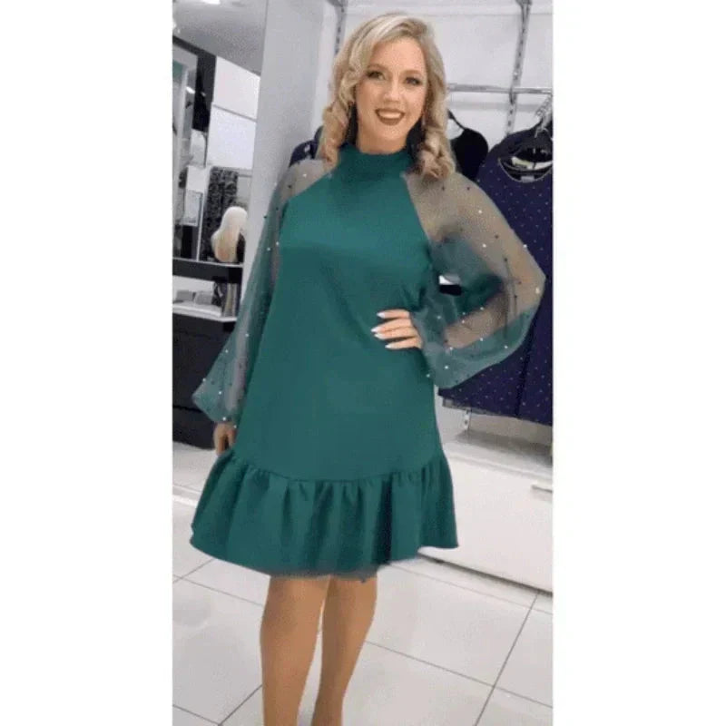 2025 Neues Design👗Kleid mit langen Mesh-Ärmeln und Rüschensaum✨
