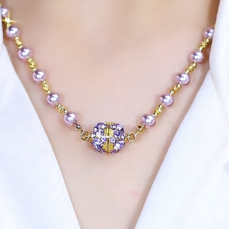 💕 Especial de San Valentín - 50% de descuento 💕Elegante collar de perlas de imitación con bola de diamantes de imitación magnéticos brillantes.