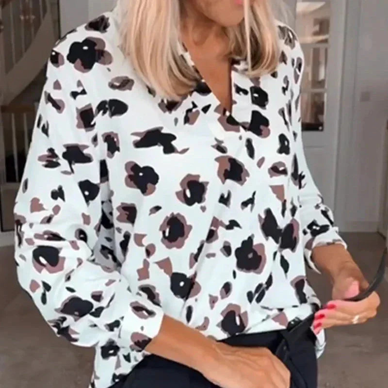 Tops de brazo largo para mujeres con patrón de leopardo y escote en V