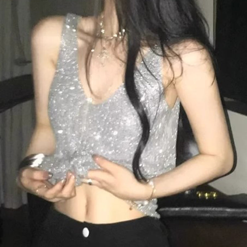 Lentejuelas de cuello en V femenino sin mangas sin mangas